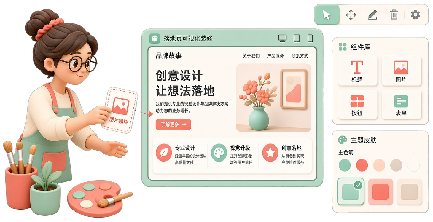 把沃防伪落地页可视化装修场景：DIY编辑器与品牌组件库