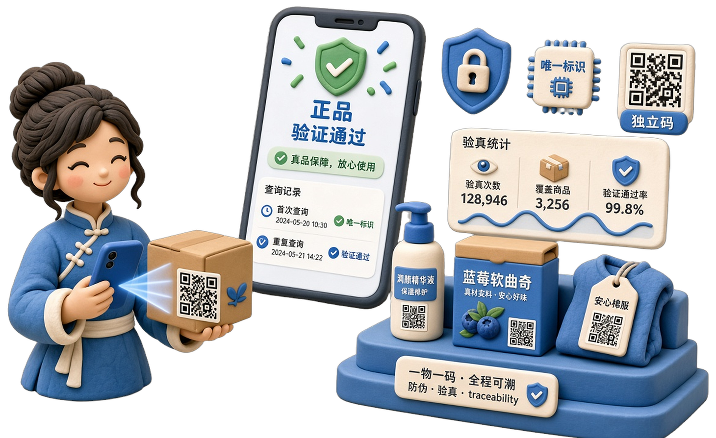 把沃防伪溯源一物一码防伪验真场景：商品赋码与手机扫码核验正品